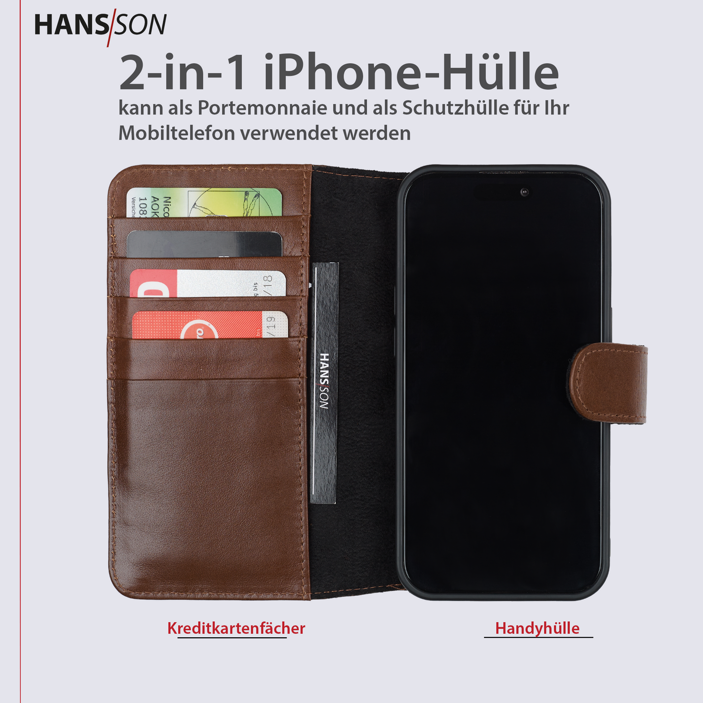 HANS/SON iPhone 15 Handyhülle mit Klappfunktion | Dünne Echtlederhülle mit MagSafe Funktion