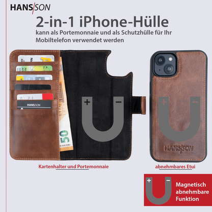 HANS/SON iPhone 13 Handyhülle mit Klappfunktion | Dünne Echtlederhülle mit MagSafe Funktion und herausnehmbarer Einzel-Hülle