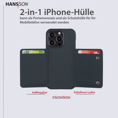 HANS/SON iPhone 15 Pro Handyhülle | Dünne Echtleder Falt-Hülle mit Kreditkartenfächer