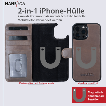 HANS/SON iPhone 13 Pro Max Handyhülle mit Klappfunktion | Dünne Echtlederhülle mit MagSafe Funktion und herausnehmbarer Einzel-Hülle