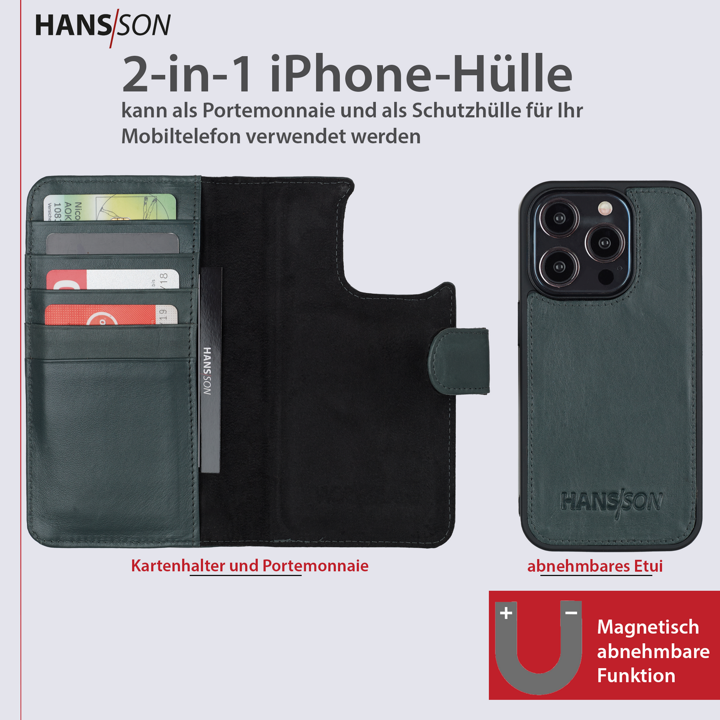 HANS/SON iPhone 15 Pro Handyhülle mit Klappfunktion | Dünne Echtlederhülle mit MagSafe Funktion und herausnehmbarer Einzel-Hülle