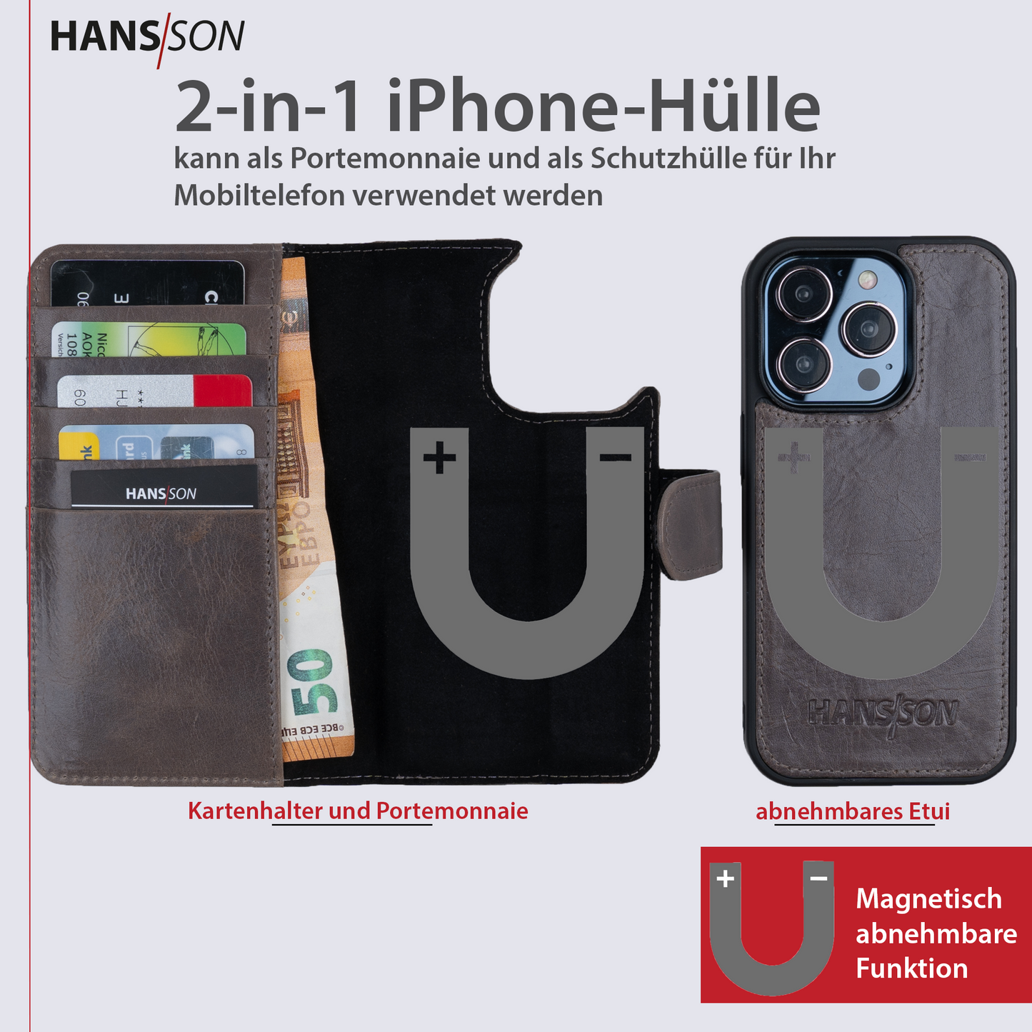 HANS/SON iPhone 14 Pro Max Handyhülle mit Klappfunktion | Dünne Echtlederhülle mit MagSafe Funktion und herausnehmbarer Einzel-Hülle