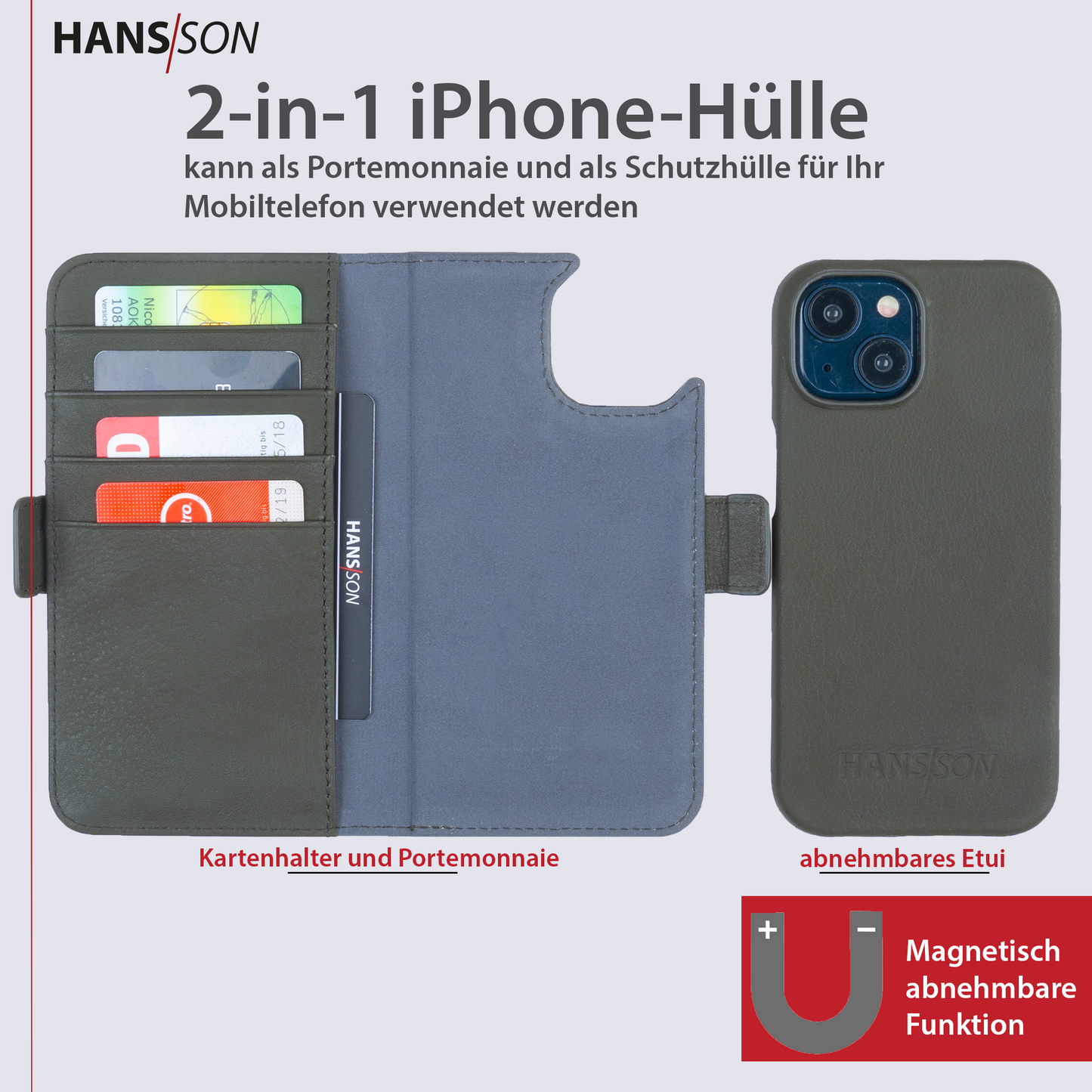 HANS/SON iPhone 15 Handyhülle mit Klappfunktion | Dünne Echtlederhülle mit MagSafe Funktion und herausnehmbarer Einzel-Hülle