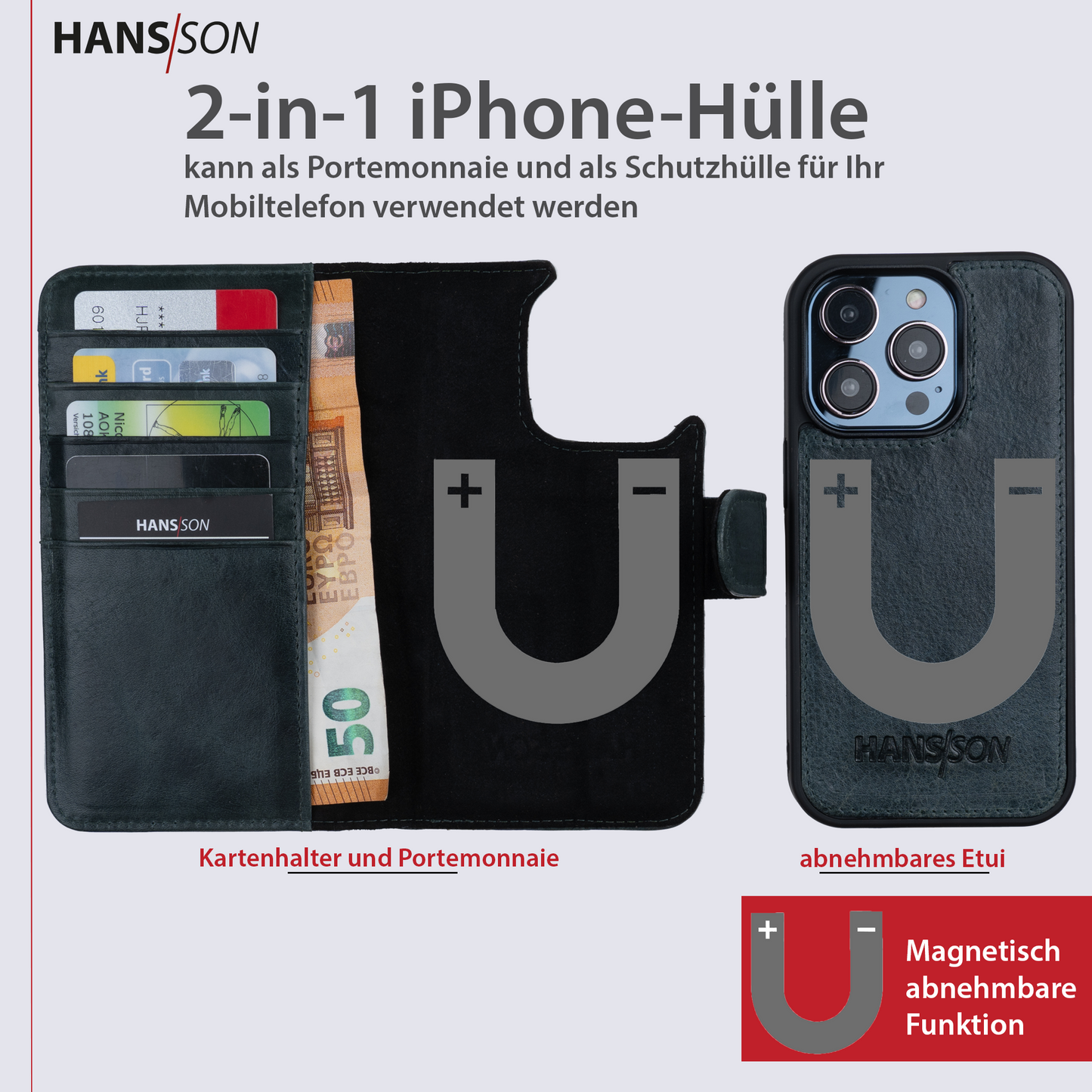 HANS/SON iPhone 14 Pro Handyhülle mit Klappfunktion | Dünne Echtlederhülle mit MagSafe Funktion und herausnehmbarer Einzel-Hülle