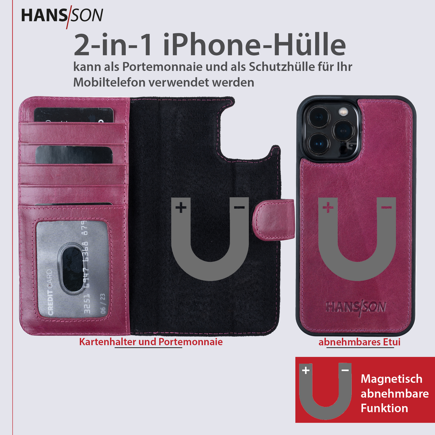 HANS/SON iPhone 12 / 12 Pro Handyhülle mit Klappfunktion | Dünne Echtlederhülle mit MagSafe Funktion und herausnehmbarer Einzel-Hülle