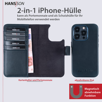 HANS/SON iPhone 15 Pro Handyhülle mit Klappfunktion | Echtlederhülle mit MagSafe Funktion und herausnehmbarer Einzel-Hülle