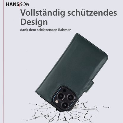 HANS/SON iPhone 15 Pro Handyhülle mit Klappfunktion | Dünne Echtlederhülle mit MagSafe Funktion und herausnehmbarer Einzel-Hülle