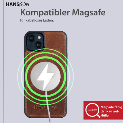 HANS/SON iPhone 13 Handyhülle mit Klappfunktion | Dünne Echtlederhülle mit MagSafe Funktion und herausnehmbarer Einzel-Hülle