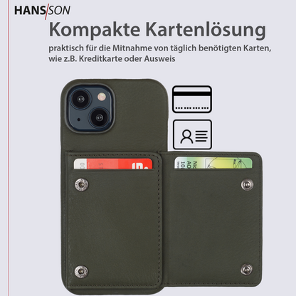 HANS/SON iPhone 15 Handyhülle | Dünne Echtleder Falt-Hülle mit Kreditkartenfächer