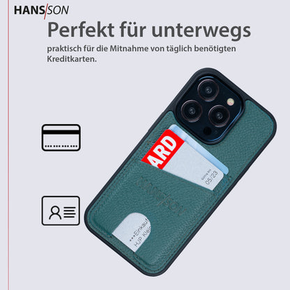 HANS/SON iPhone 15 Pro Handyhülle | Dünne Echtlederhülle mit zwei Keditkartenfächern