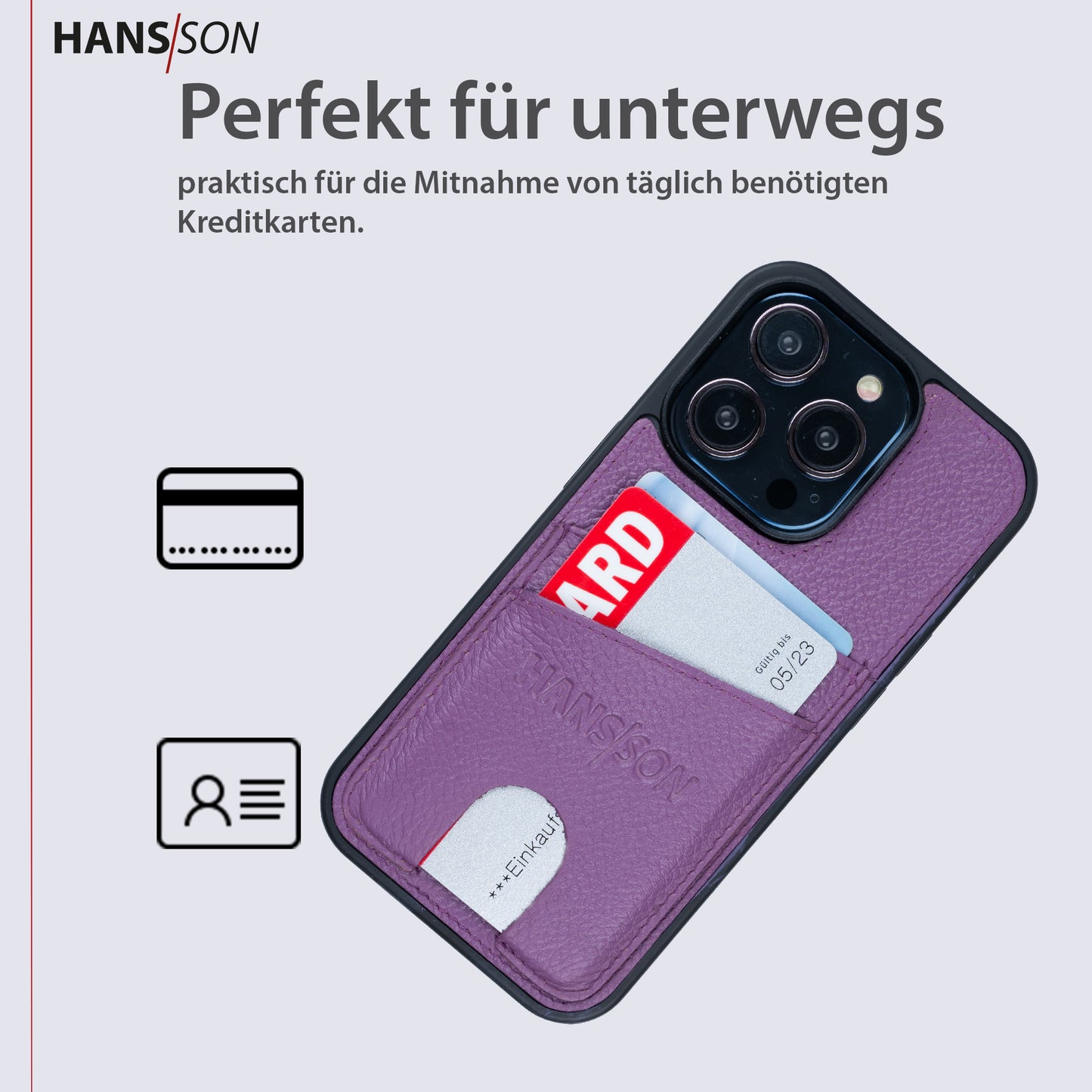 HANS/SON iPhone 15 Pro Max Handyhülle | Dünne Echtlederhülle mit zwei Keditkartenfächern