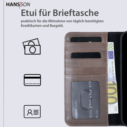 HANS/SON iPhone 13 Pro Max Handyhülle mit Klappfunktion | Dünne Echtlederhülle mit MagSafe Funktion und herausnehmbarer Einzel-Hülle