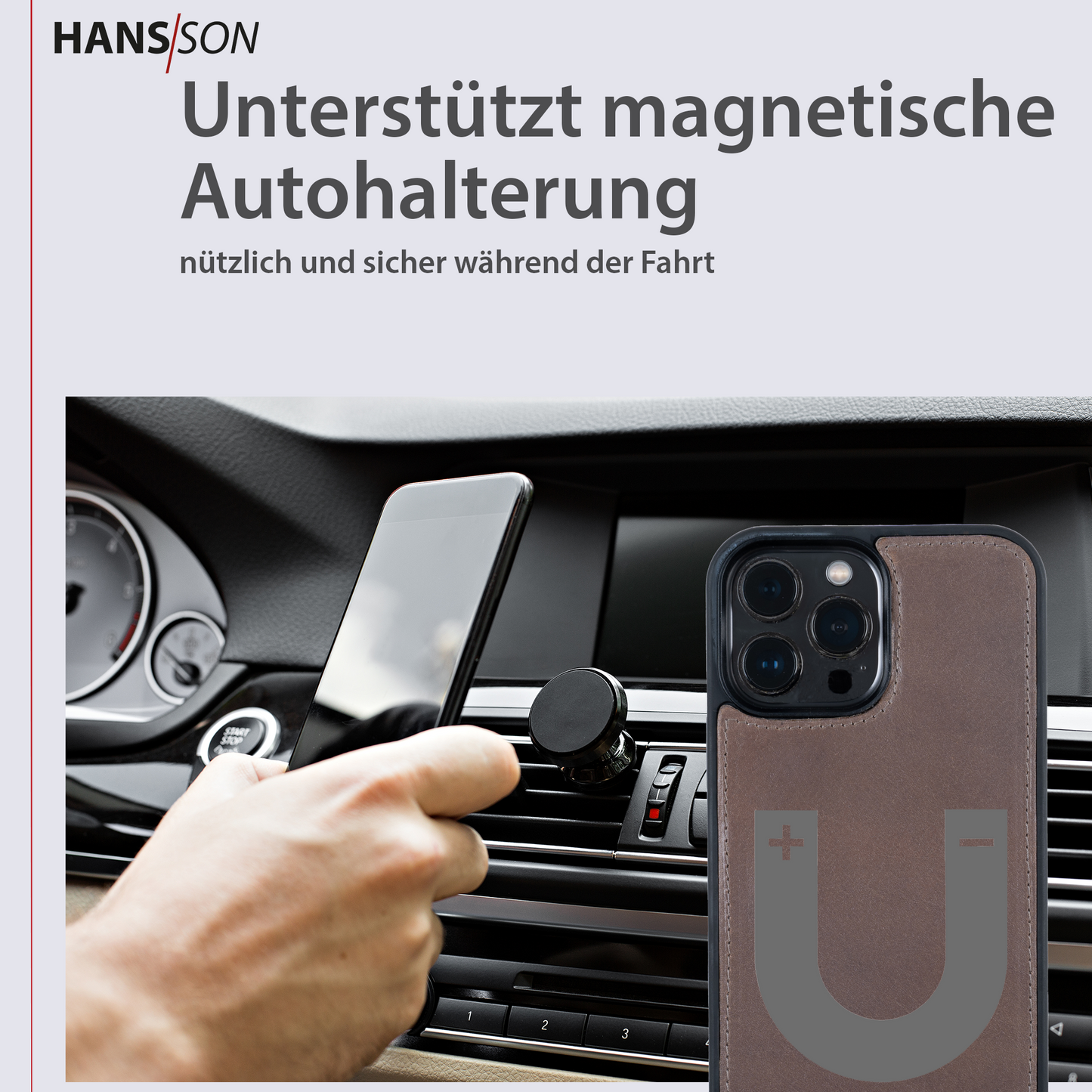 HANS/SON iPhone 13 Pro Max Handyhülle mit Klappfunktion | Dünne Echtlederhülle mit MagSafe Funktion und herausnehmbarer Einzel-Hülle