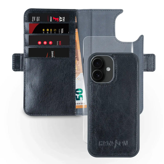 iPhone 16 Handyhülle mit gratis Displayschutz-Folie und Klappfunktion | Dünne Echtlederhülle mit MagSafe Funktion und herausnehmbarer Einzel-Hülle | HANS/SON