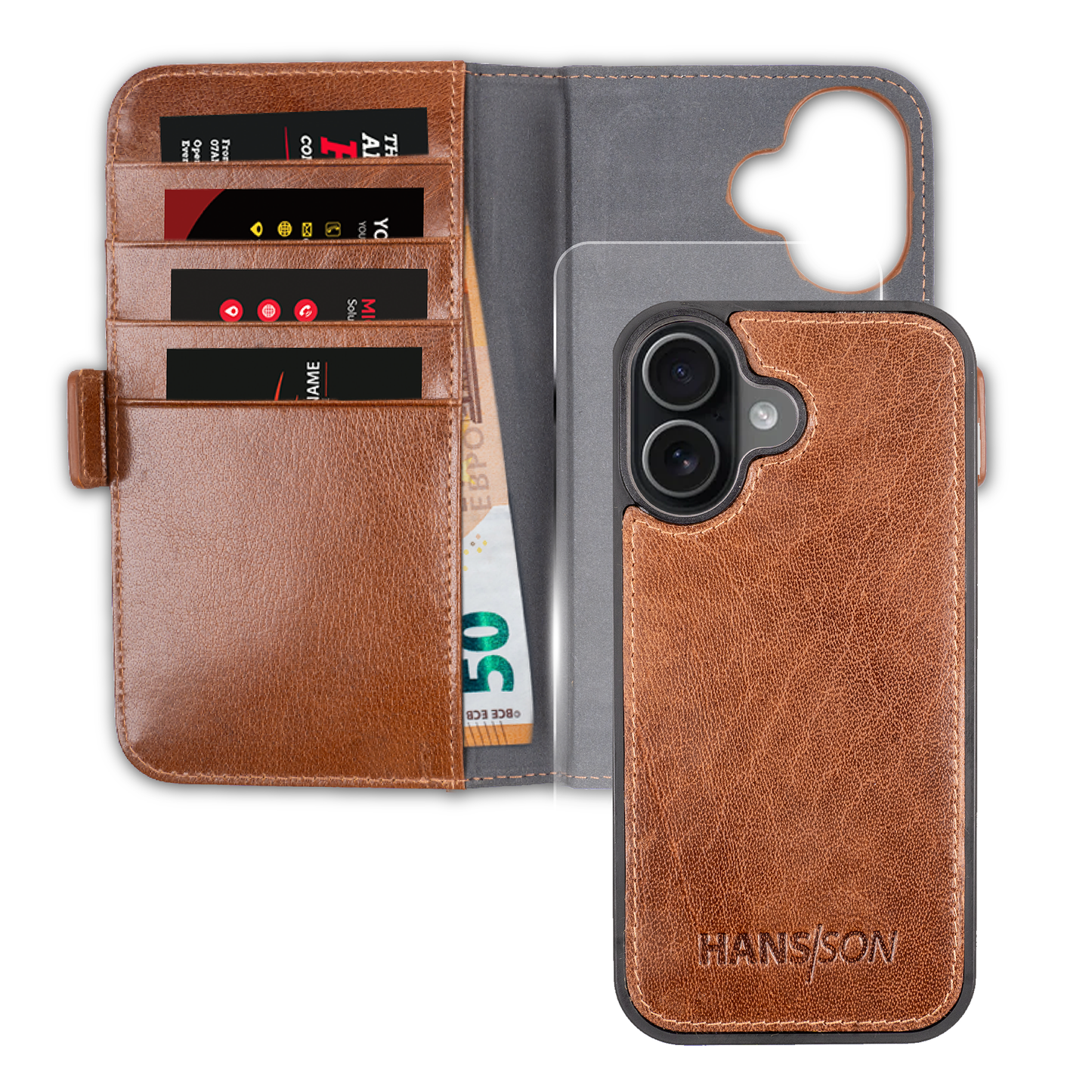 iPhone 17 Handyhülle mit gratis Displayschutz-Folie und Klappfunktion | Dünne Echtlederhülle mit MagSafe Funktion und herausnehmbarer Einzel-Hülle | HANS/SON