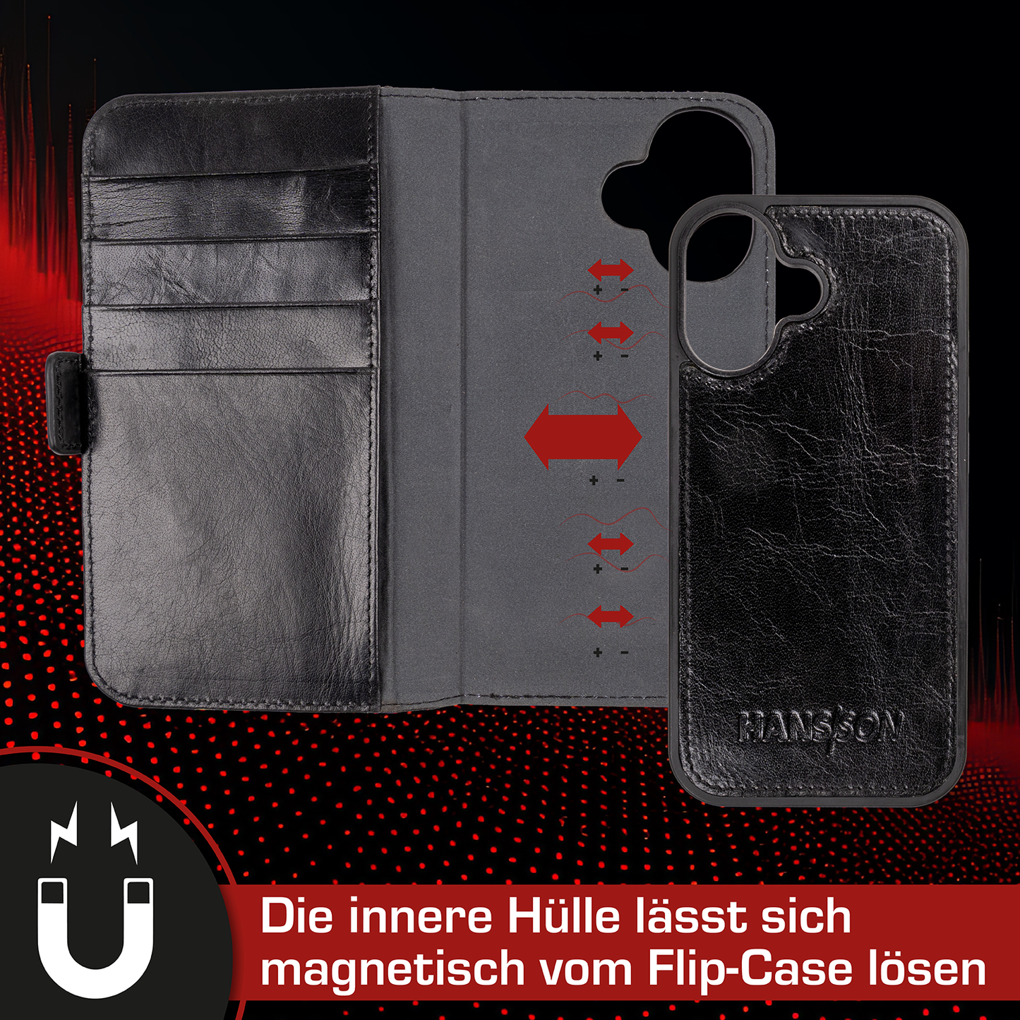 iPhone 17 Handyhülle mit gratis Displayschutz-Folie und Klappfunktion | Dünne Echtlederhülle mit MagSafe Funktion und herausnehmbarer Einzel-Hülle | HANS/SON