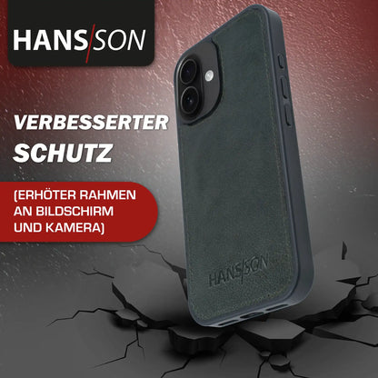 iPhone 16 Handyhülle mit gratis Displayschutz-Folie und Klappfunktion | Dünne Echtlederhülle mit MagSafe Funktion und herausnehmbarer Einzel-Hülle | HANS/SON