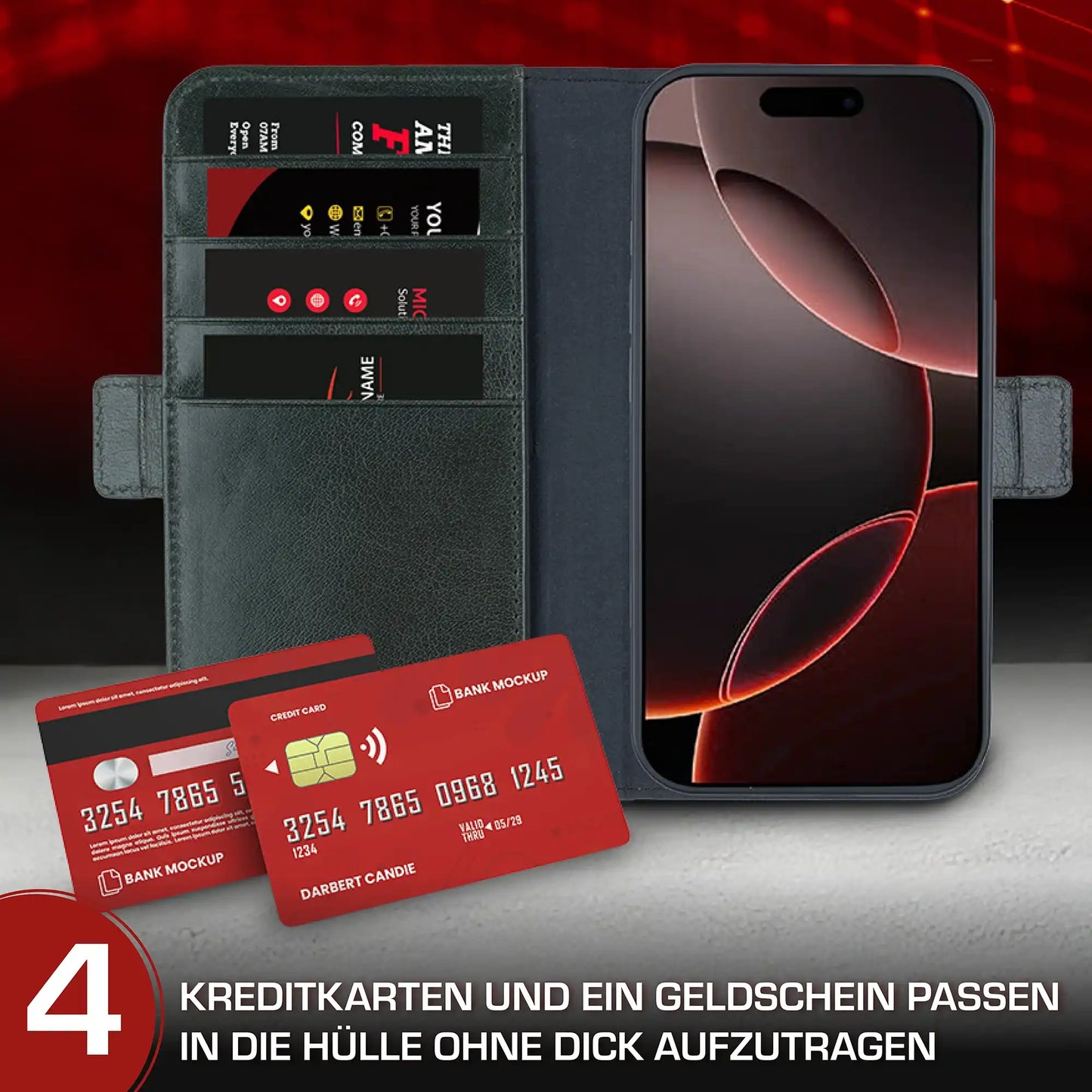 iPhone 16 Handyhülle mit gratis Displayschutz-Folie und Klappfunktion | Dünne Echtlederhülle mit MagSafe Funktion und herausnehmbarer Einzel-Hülle | HANS/SON