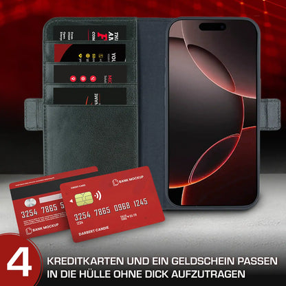 iPhone 16 Handyhülle mit gratis Displayschutz-Folie und Klappfunktion | Dünne Echtlederhülle mit MagSafe Funktion und herausnehmbarer Einzel-Hülle | HANS/SON