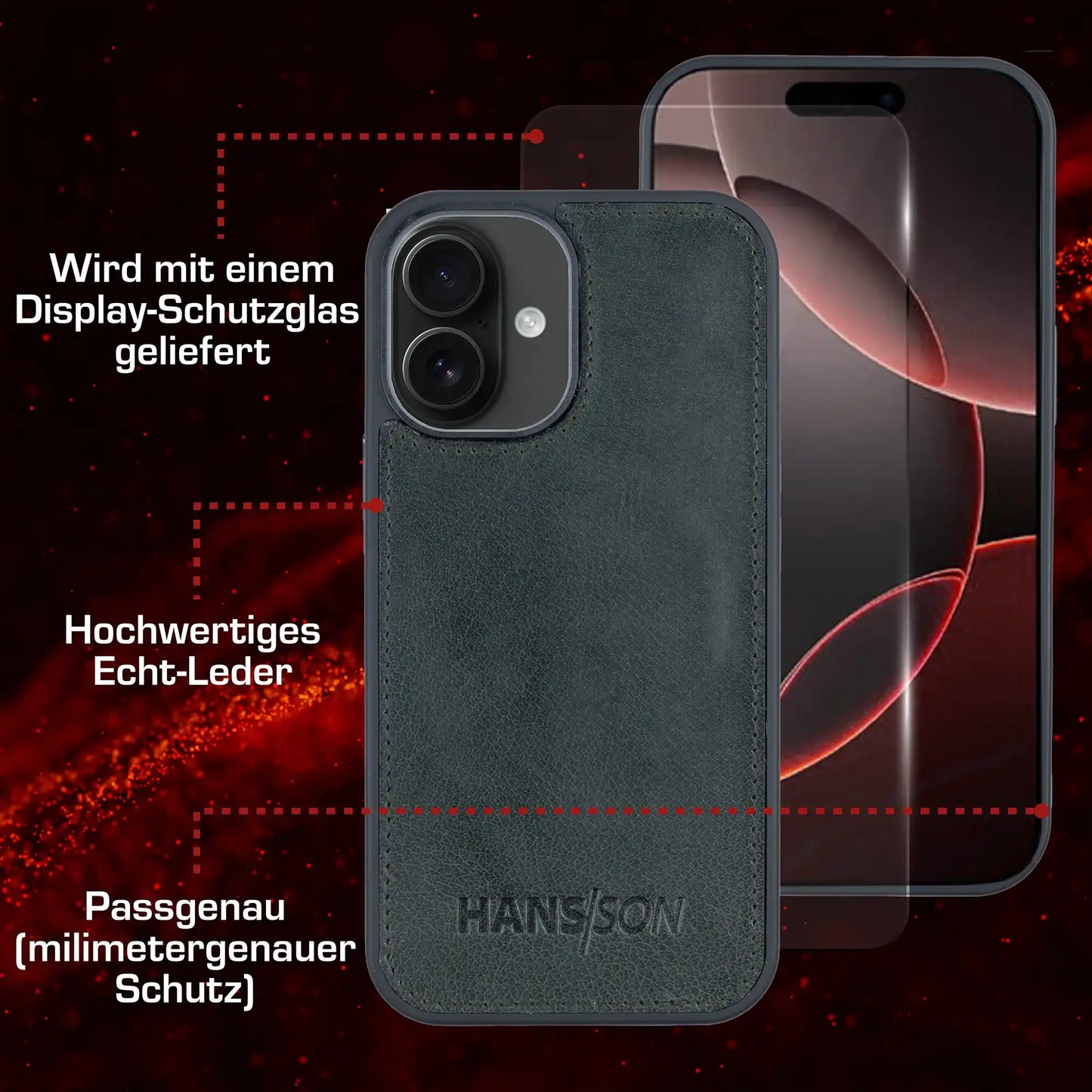 iPhone 16 Handyhülle mit gratis Displayschutz-Folie und Klappfunktion | Dünne Echtlederhülle mit MagSafe Funktion und herausnehmbarer Einzel-Hülle | HANS/SON