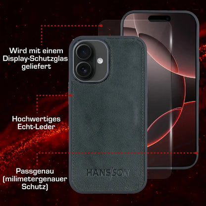 iPhone 16 Handyhülle mit gratis Displayschutz-Folie und Klappfunktion | Dünne Echtlederhülle mit MagSafe Funktion und herausnehmbarer Einzel-Hülle | HANS/SON