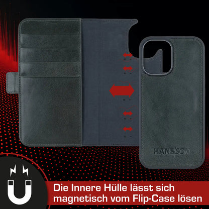 iPhone 16 Handyhülle mit gratis Displayschutz-Folie und Klappfunktion | Dünne Echtlederhülle mit MagSafe Funktion und herausnehmbarer Einzel-Hülle | HANS/SON