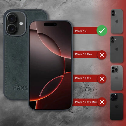 iPhone 16 Handyhülle mit gratis Displayschutz-Folie und Klappfunktion | Dünne Echtlederhülle mit MagSafe Funktion und herausnehmbarer Einzel-Hülle | HANS/SON