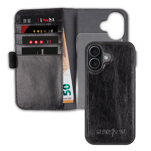 iPhone 17 Handyhülle mit gratis Displayschutz-Folie und Klappfunktion | Dünne Echtlederhülle mit MagSafe Funktion und herausnehmbarer Einzel-Hülle | HANS/SON