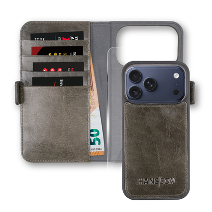 iPhone 17 Pro Handyhülle mit Gratis Displayschutz-Folie und Klappfunktion | Dünne Echtlederhülle mit MagSafe Funktion und herausnehmbarer Einzel-Hülle | HANS/SON