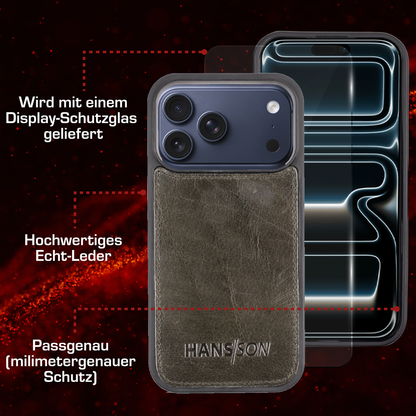 iPhone 17 Pro Handyhülle mit Gratis Displayschutz-Folie und Klappfunktion | Dünne Echtlederhülle mit MagSafe Funktion und herausnehmbarer Einzel-Hülle | HANS/SON