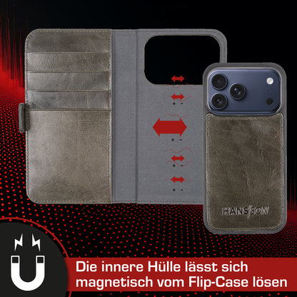 iPhone 17 Pro Handyhülle mit Gratis Displayschutz-Folie und Klappfunktion | Dünne Echtlederhülle mit MagSafe Funktion und herausnehmbarer Einzel-Hülle | HANS/SON