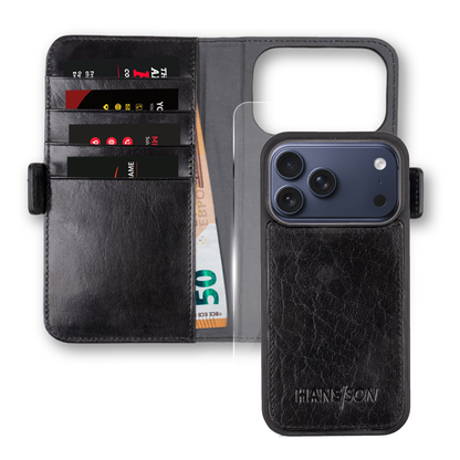 iPhone 17 Pro Handyhülle mit Gratis Displayschutz-Folie und Klappfunktion | Dünne Echtlederhülle mit MagSafe Funktion und herausnehmbarer Einzel-Hülle | HANS/SON