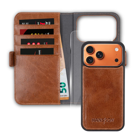 iPhone 17 Pro Max Handyhülle mit gratis Displayschutz-Folie und Klappfunktion | Dünne Echtlederhülle mit MagSafe Funktion und Einzel-Hülle | HANS/SON