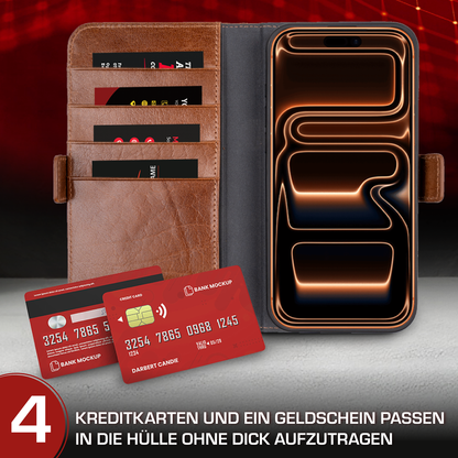 iPhone 17 Pro Max Handyhülle mit gratis Displayschutz-Folie und Klappfunktion | Dünne Echtlederhülle mit MagSafe Funktion und Einzel-Hülle | HANS/SON