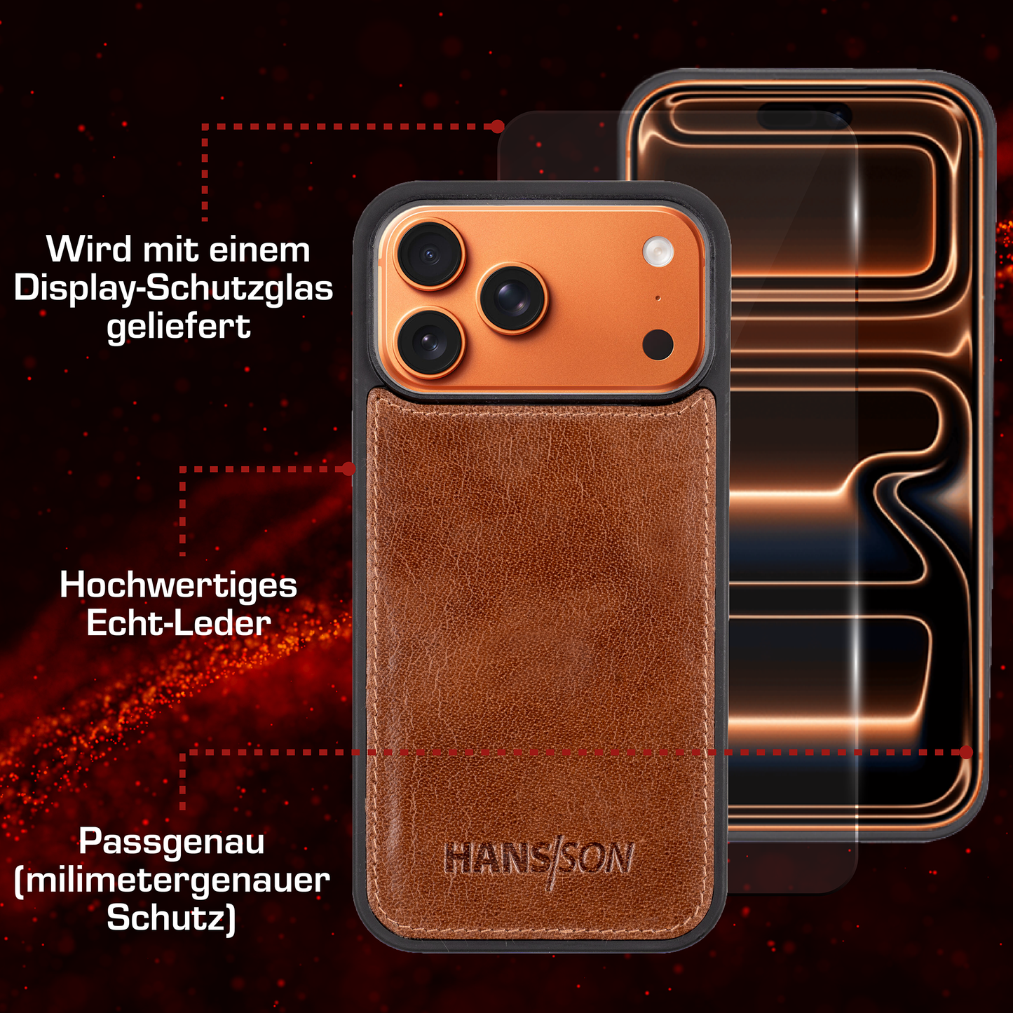 iPhone 17 Pro Max Handyhülle mit gratis Displayschutz-Folie und Klappfunktion | Dünne Echtlederhülle mit MagSafe Funktion und Einzel-Hülle | HANS/SON