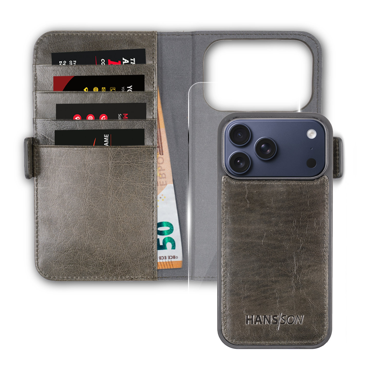 iPhone 17 Pro Max Handyhülle mit gratis Displayschutz-Folie und Klappfunktion | Dünne Echtlederhülle mit MagSafe Funktion und Einzel-Hülle | HANS/SON