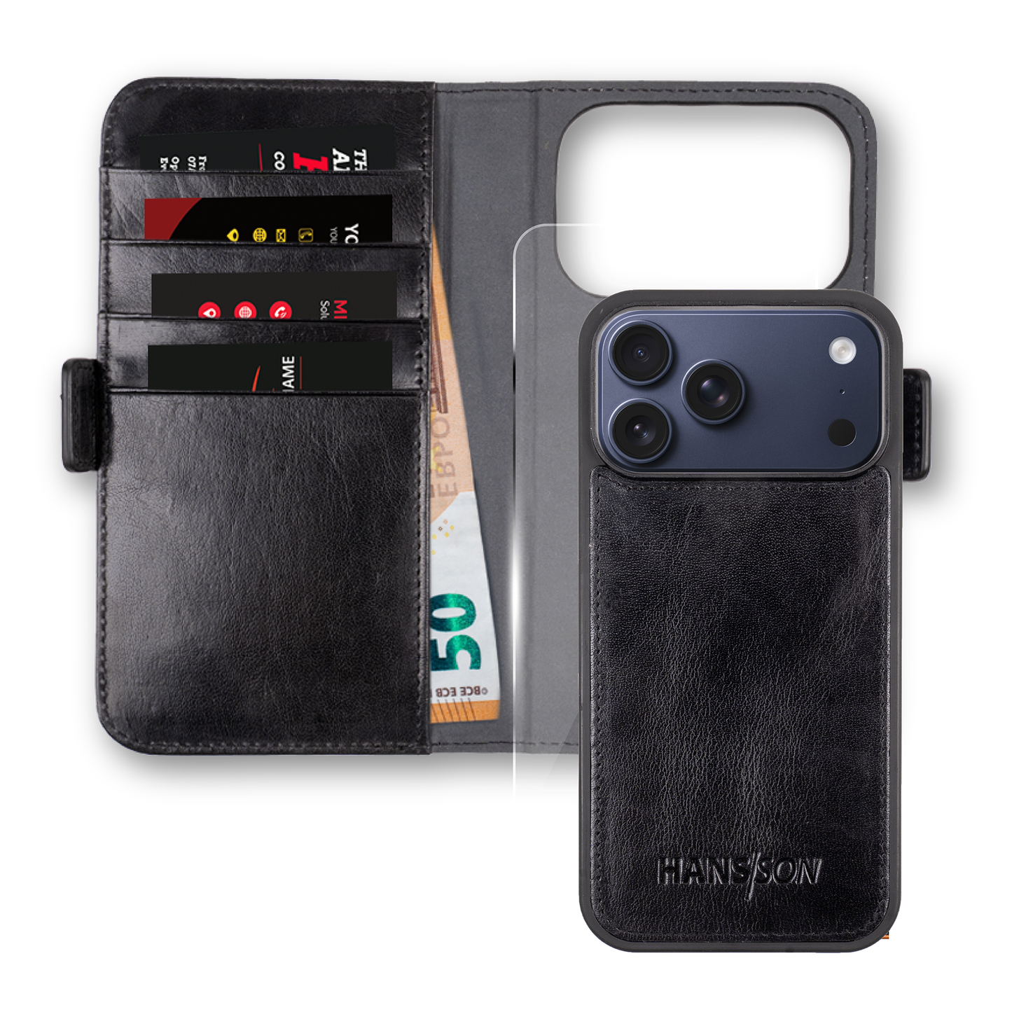 iPhone 17 Pro Max Handyhülle mit gratis Displayschutz-Folie und Klappfunktion | Dünne Echtlederhülle mit MagSafe Funktion und Einzel-Hülle | HANS/SON